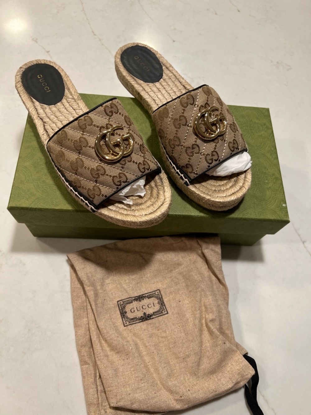 Gucci Brown/Beige GG Canvas Espadrille Slides with Gold Double G
